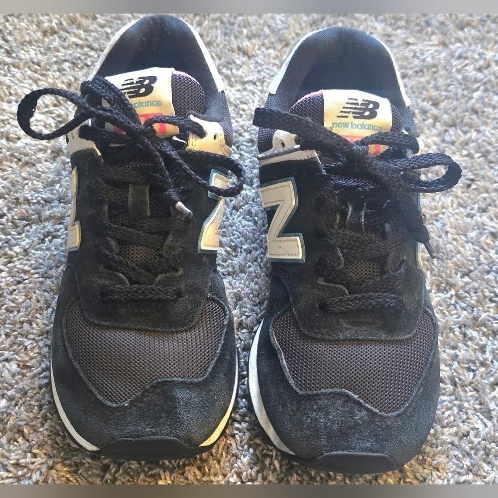Retro New Balance 574 "Night Sky" Black Suede sneakers Teal, Pink Accents Size 7 - Picture 3 of 8